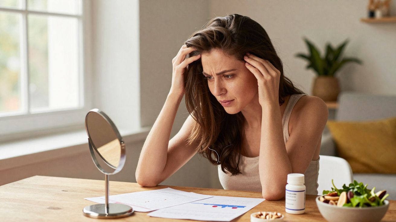 Mulher preocupada olhando para papéis na mesa, com remédios e alimentos ao redor, em ambiente iluminado.