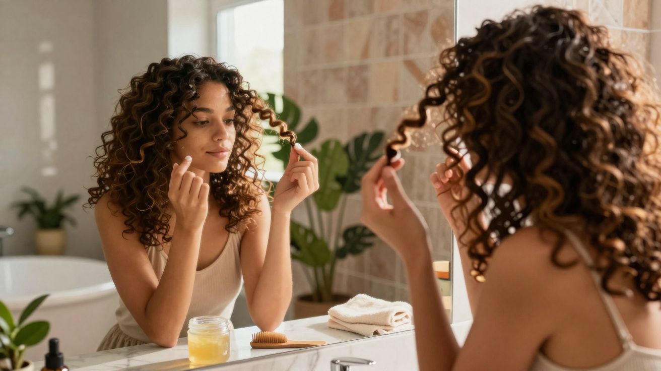 Mulher em banheiro cuidando dos cabelos cacheados na frente do espelho, com produtos no balcão.