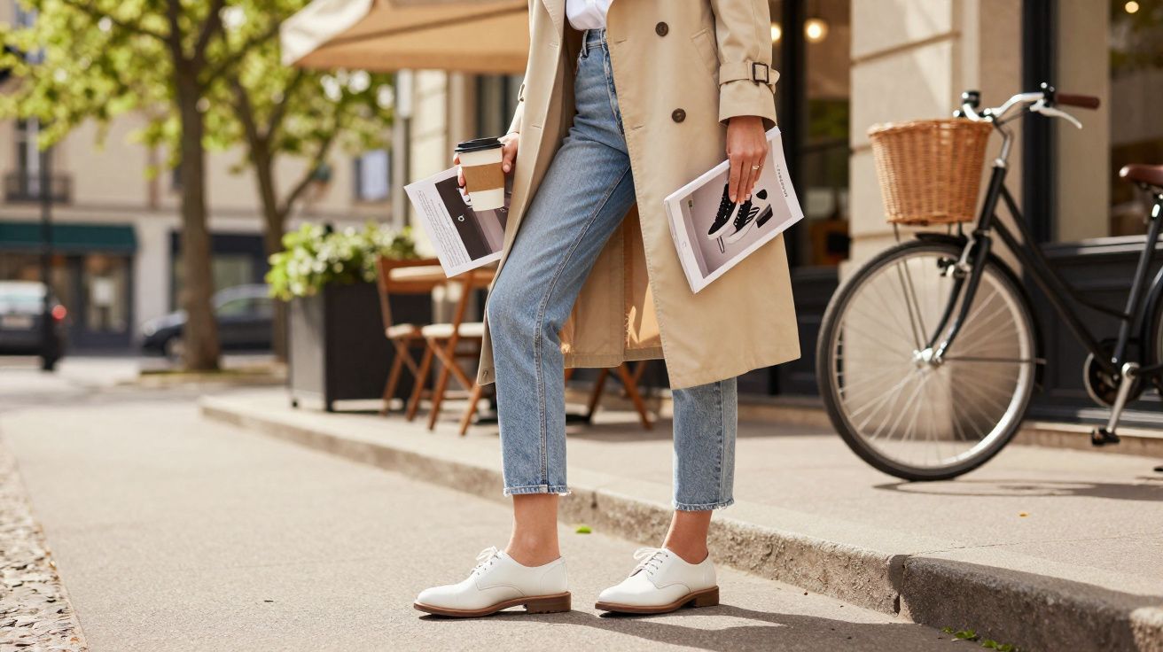 Pessoa segurando café e revistas na rua, vestindo casaco bege, jeans e sapatos brancos, com bicicleta ao fundo.