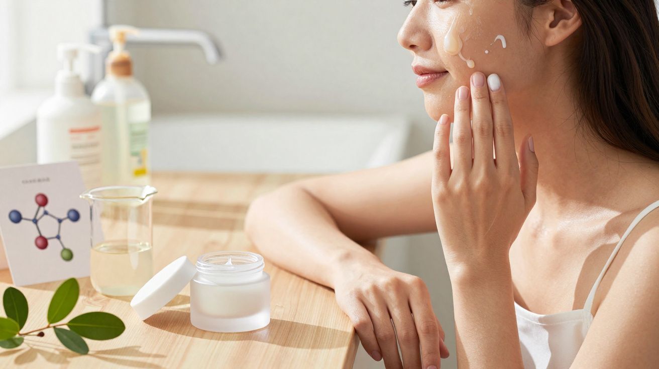 Mulher aplicando creme hidratante no rosto em bancada com produtos de cuidados com a pele.