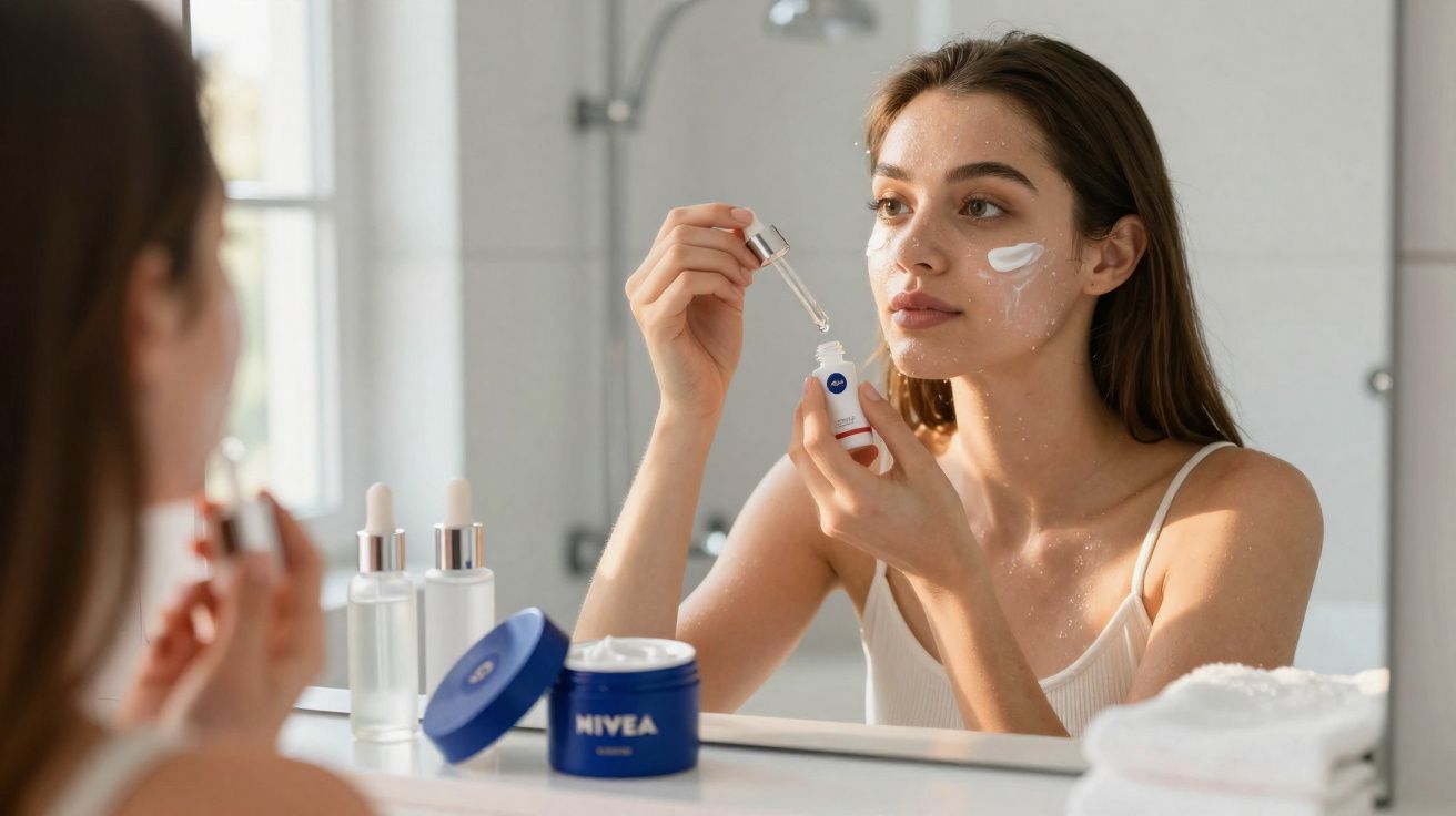 Mulher aplicando soro facial e creme Nivea no rosto em frente ao espelho no banheiro.