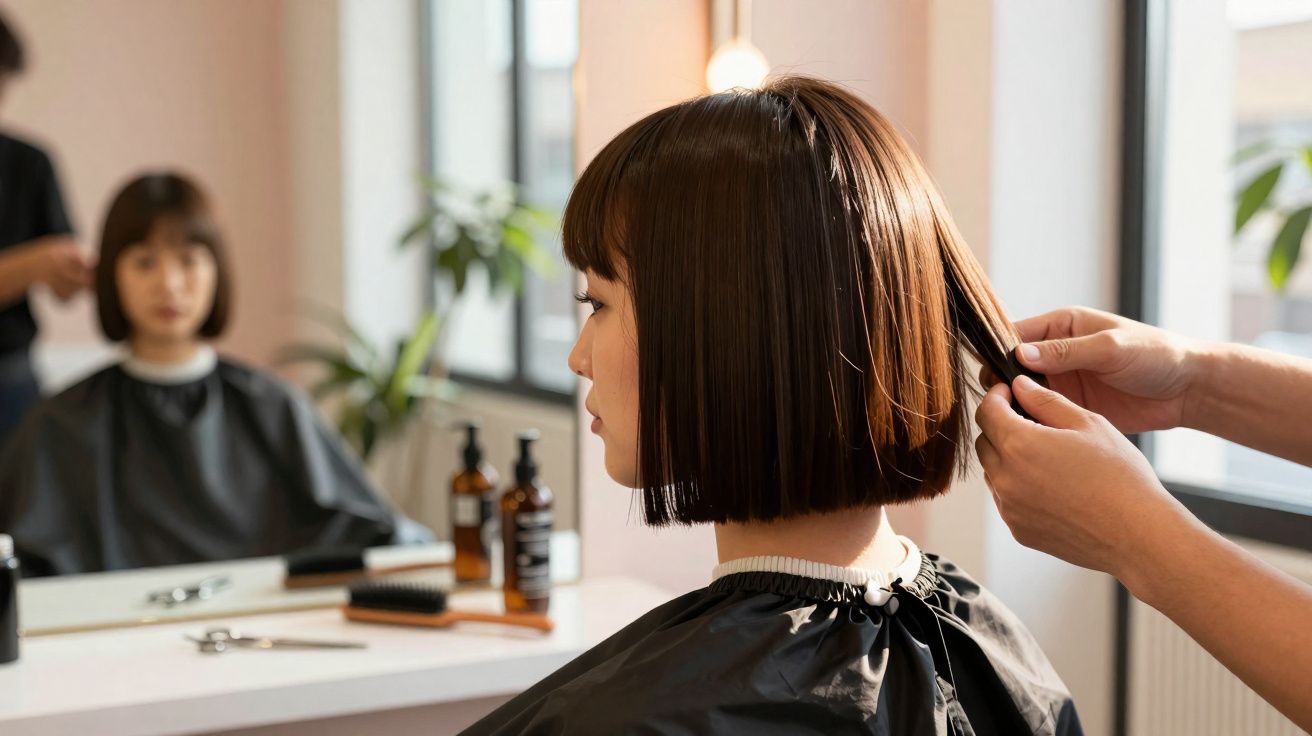 Mulher com cabelo curto reto e escuro sendo penteada em salão de beleza com espelho ao fundo.