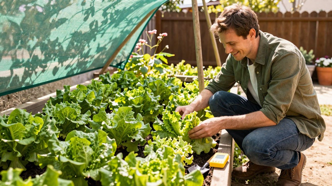 Homem cuidando de plantações de alface em horta urbana com sombra e vegetação ao redor.
