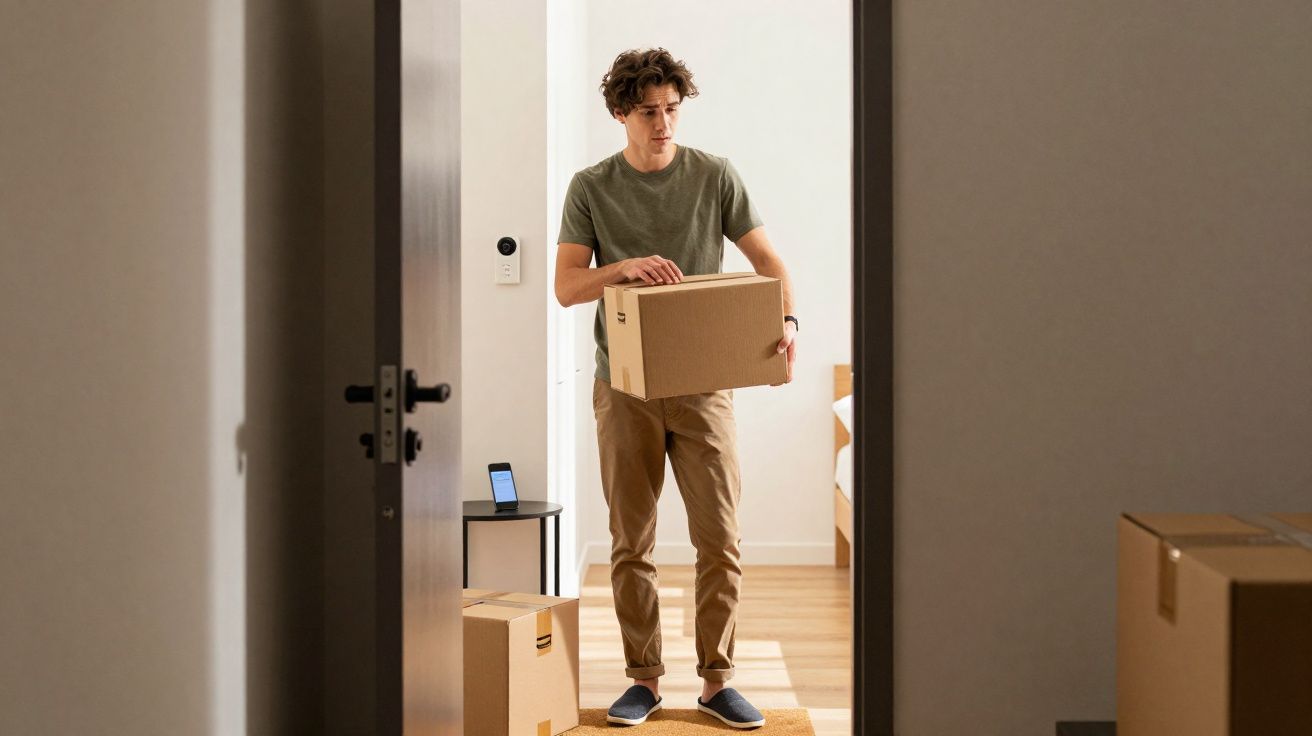 Jovem segurando caixa de papelão dentro de casa, ao lado de outras caixas, aparentando mudança.