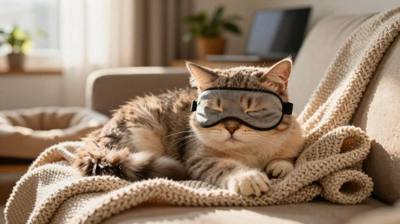 Gato deitado em sofá com máscara de dormir, sobre manta bege, em ambiente iluminado e acolhedor.