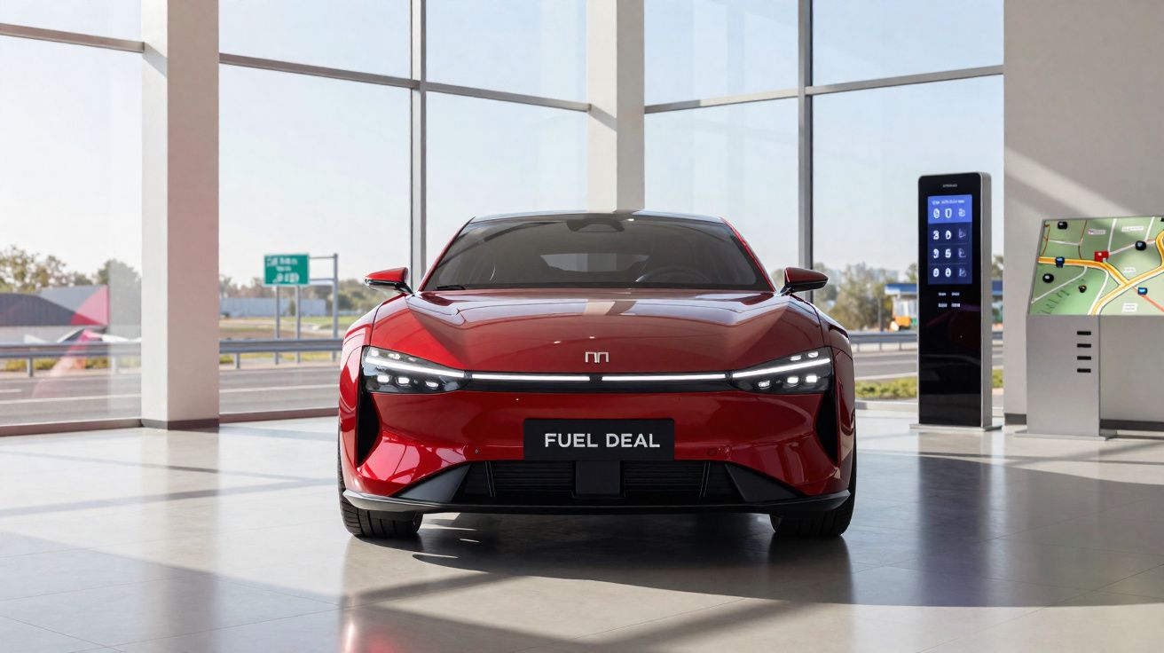 Carro elétrico vermelho com design moderno exibido em showroom com grandes janelas de vidro.