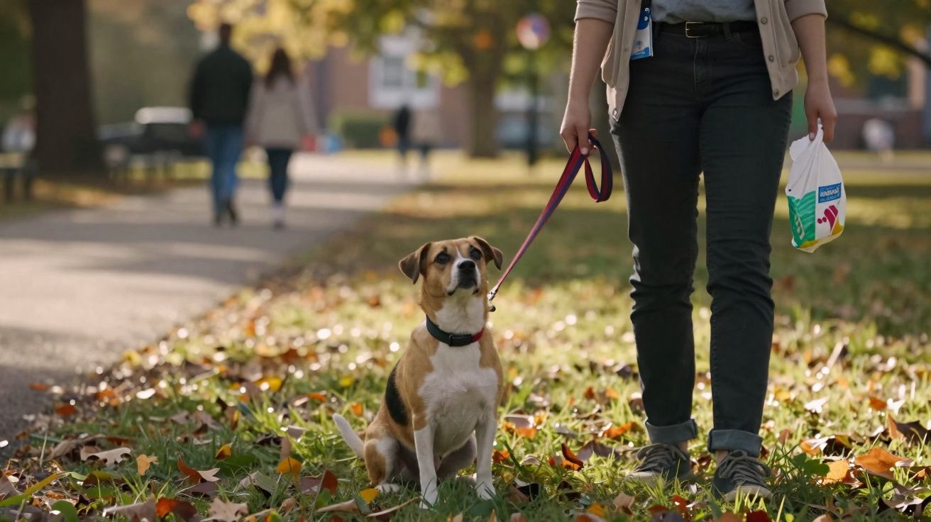 Pessoa andando com cachorro em coleira em parque com folhas caídas no chão, em dia ensolarado.