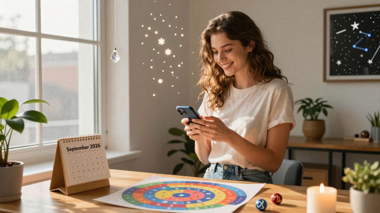 Mulher sorrindo usando celular em mesa com calendário, mapa colorido e vela acesa em ambiente iluminado.