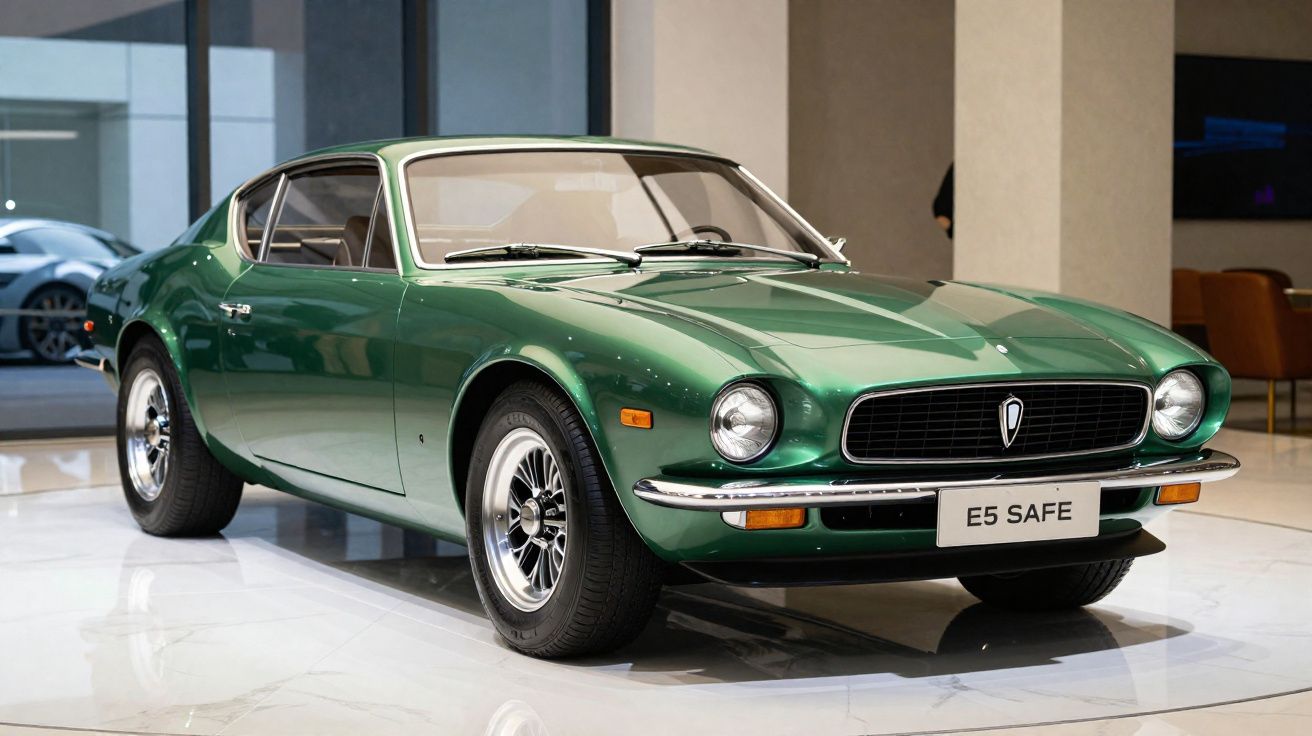 Carro clássico esportivo verde com design antigo exposto em ambiente interno moderno.