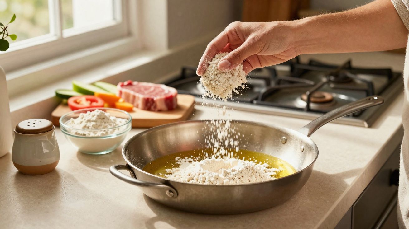 Pessoa adiciona farinha em frigideira com óleo na bancada da cozinha com ingredientes ao fundo.
