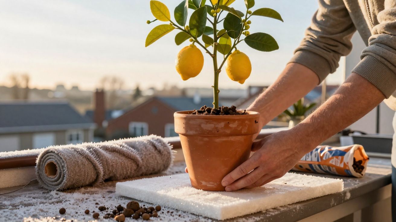 Pessoa segurando vaso de barro com planta de limão na varanda ensolarada, com terra espalhada na mesa.
