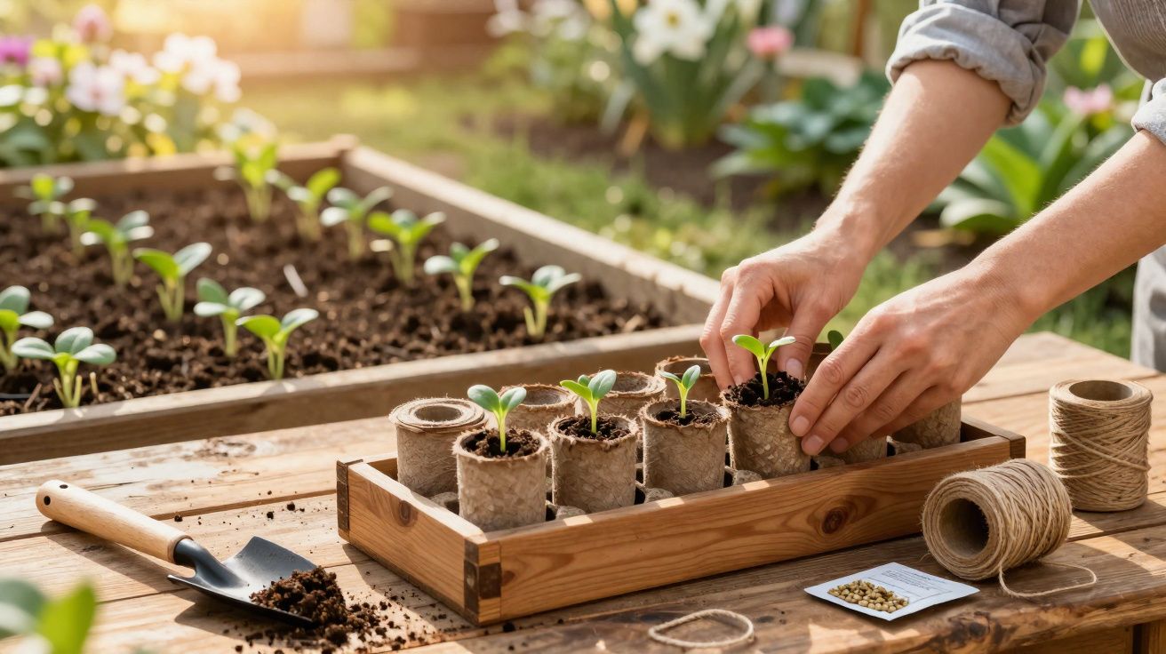 Mãos plantando mudas em pequenos vasos de papel, com ferramentas e terra em mesa de madeira ao ar livre.