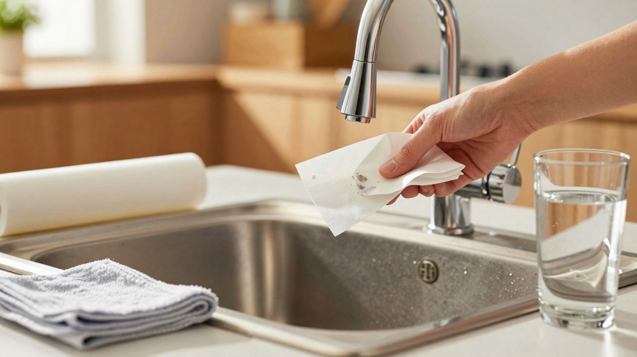 Pessoa descartando papel com resíduo no lado da pia da cozinha, ao lado de copo d'água e pano branco.