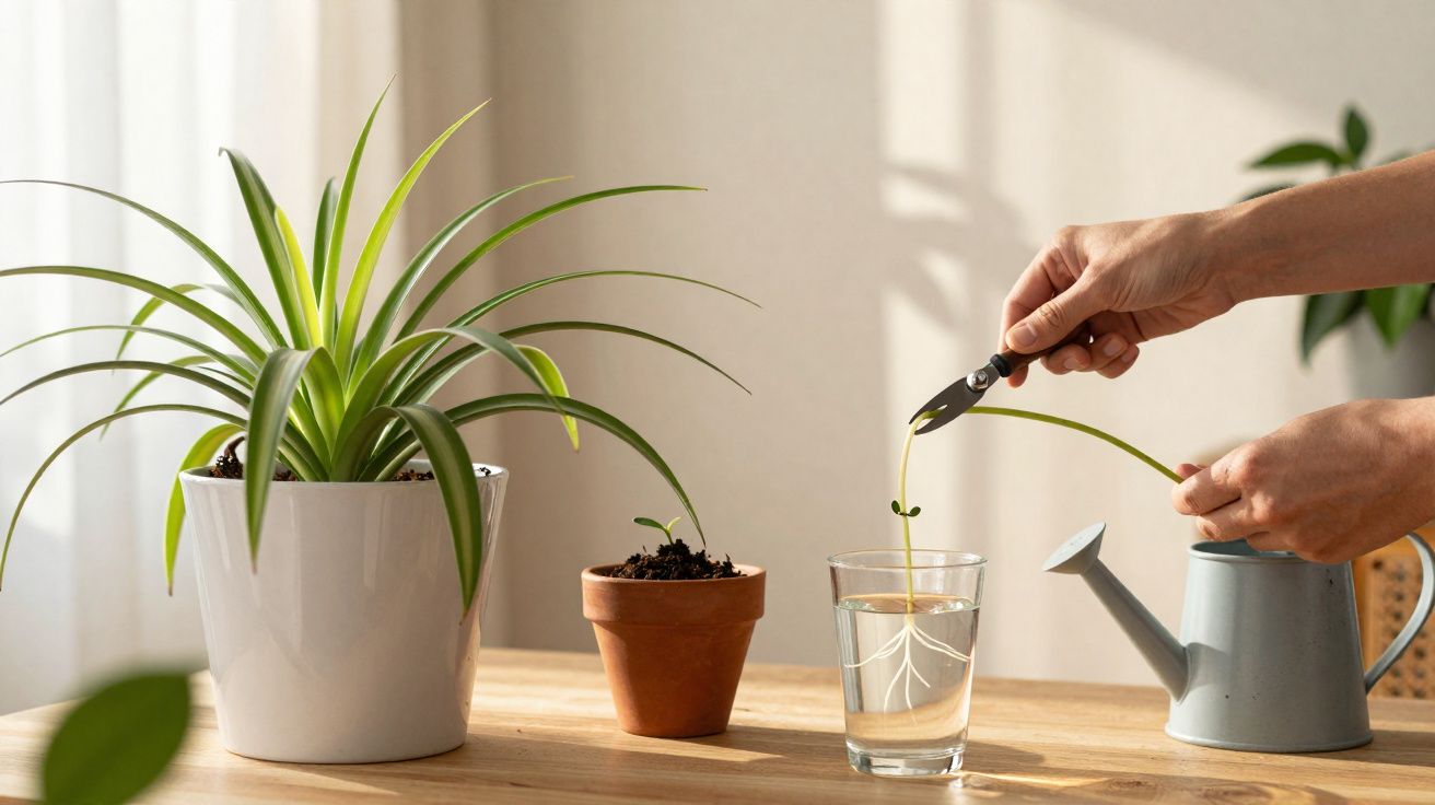 Mãos podando muda de planta sobre copo com água, vaso branco com planta e regador ao lado em mesa de madeira.