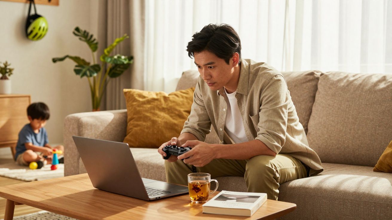 Homem joga videogame no sofá enquanto criança brinca no tapete ao fundo em sala iluminada.