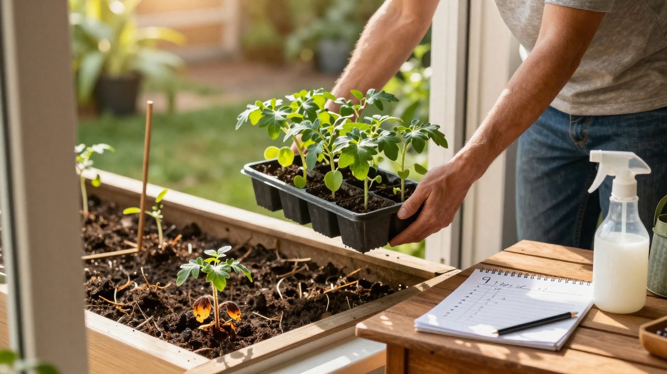 Pessoa transplantando mudas verdes para jardim em casa, com caderno e borrifador ao lado.