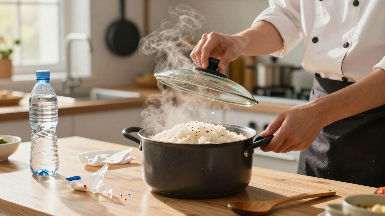 Pessoa levantando tampa de panela com arroz recém-cozido e vapor saindo na cozinha.