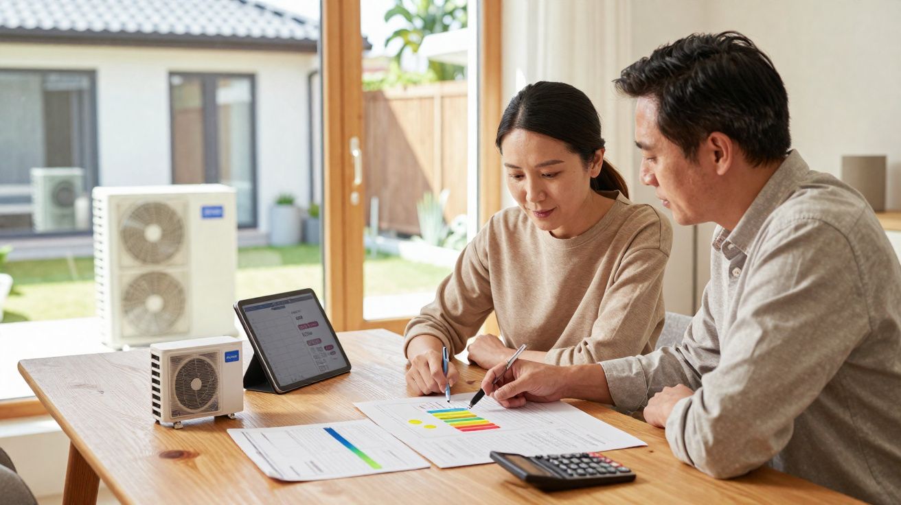 Casal analisando documentos e gráficos sobre mesa com controle remoto e tablet em ambiente iluminado.
