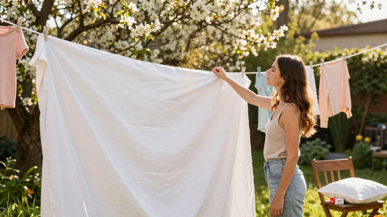 Mulher pendurando um lençol branco no varal em jardim com flores e luz do sol.