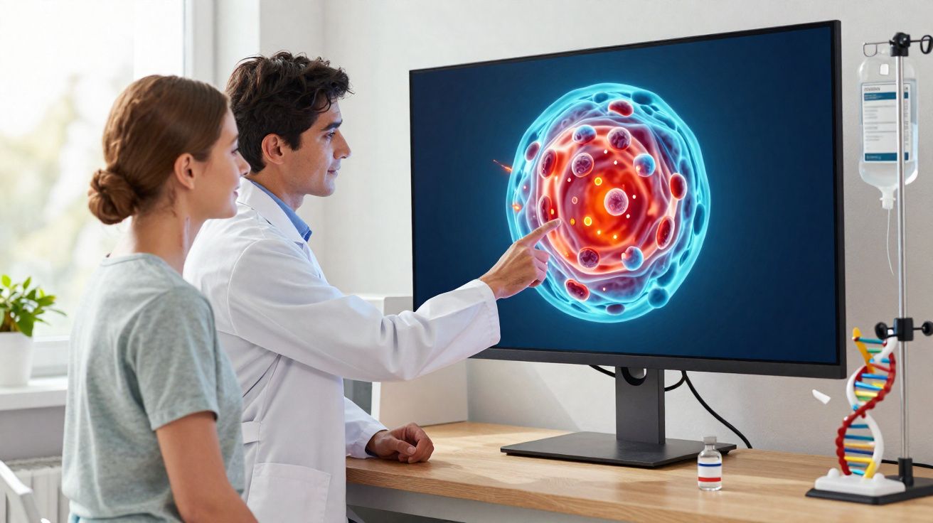 Médico explicando imagem digital de célula para paciente em consultório com equipamento médico ao lado.