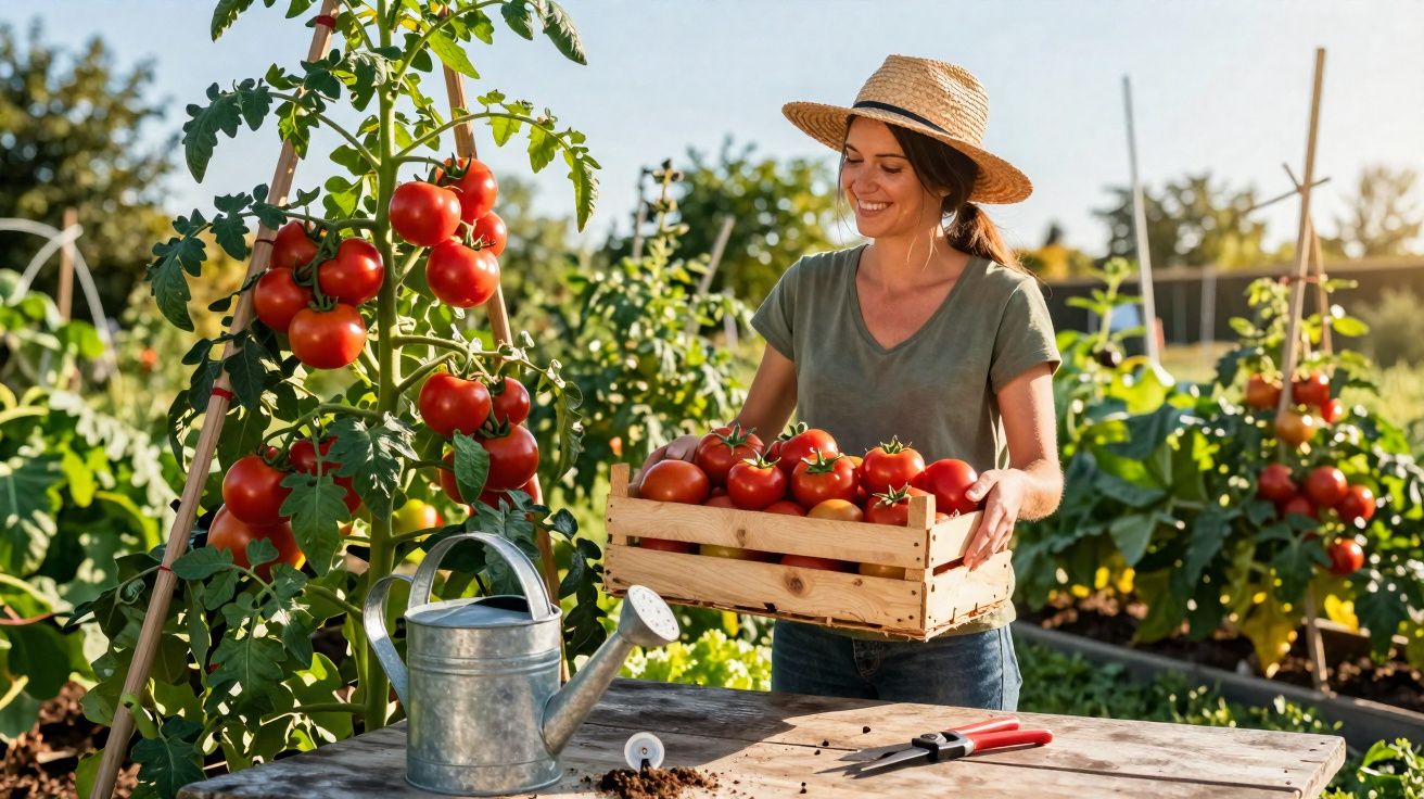 Mulher sorrindo em horta ao ar livre segurando caixa com tomates frescos ao sol.