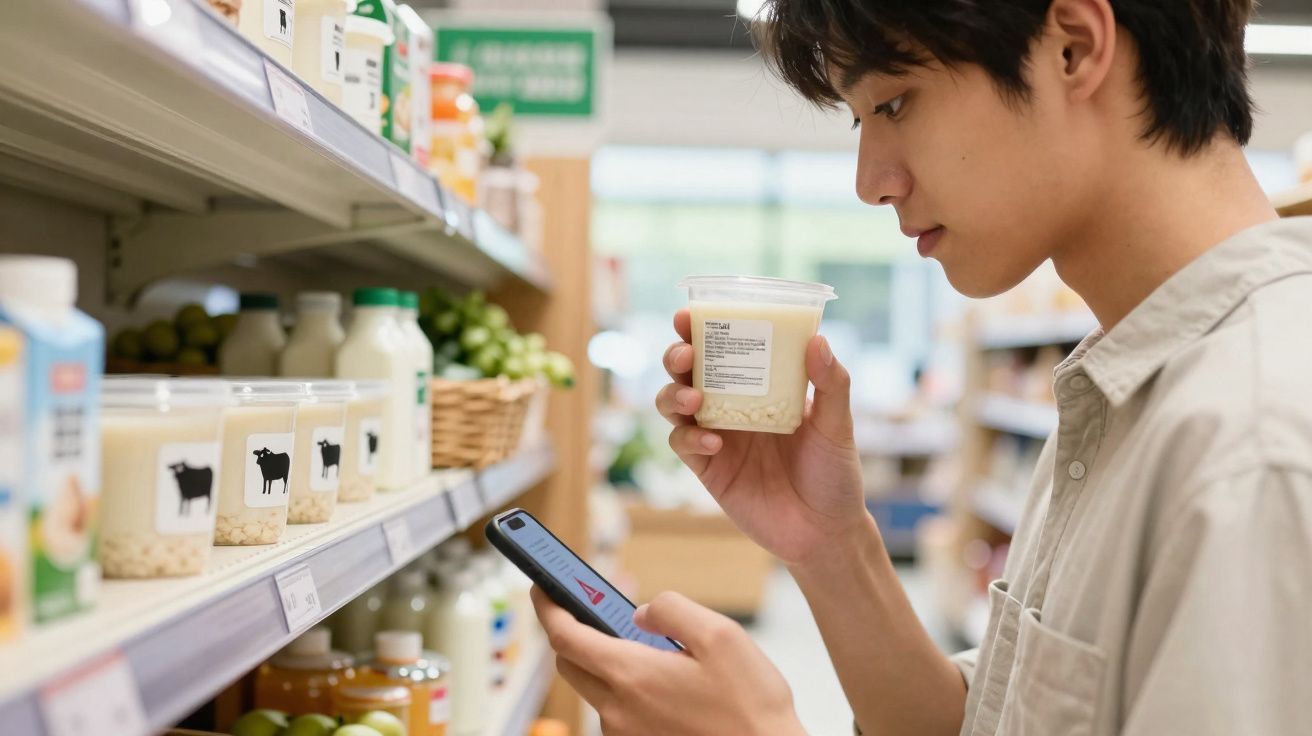 Jovem em supermercado segurando pote de iogurte e consultando celular próximo a prateleira de laticínios.