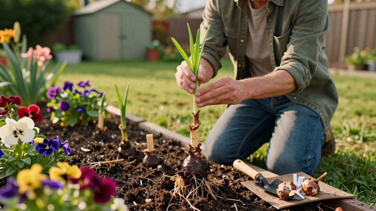 Pessoa plantando bulbos de flores em canteiro de jardim ao ar livre em dia ensolarado.