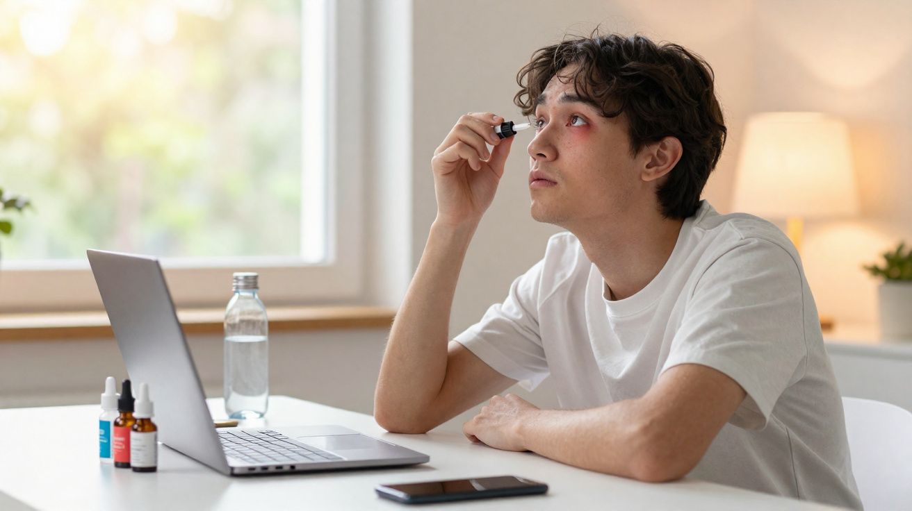 Homem jovem aplicando colírio no olho sentado à mesa com notebook e frascos de remédio.