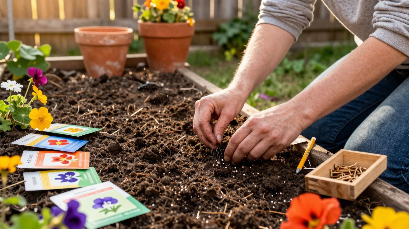 Pessoa plantando sementes em canteiro com pacotes de sementes e flores ao redor em jardim.