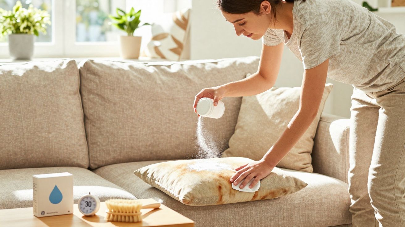 Mulher aplica pó branco para limpar mancha em almofada no sofá da sala iluminada.