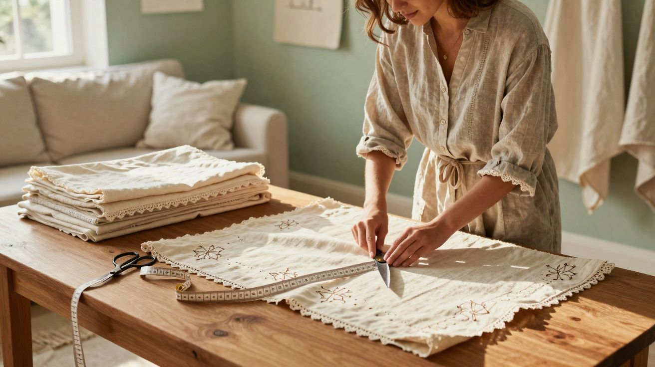 Mulher cortando tecido bordado com tesoura em mesa de madeira em ambiente iluminado e acolhedor.