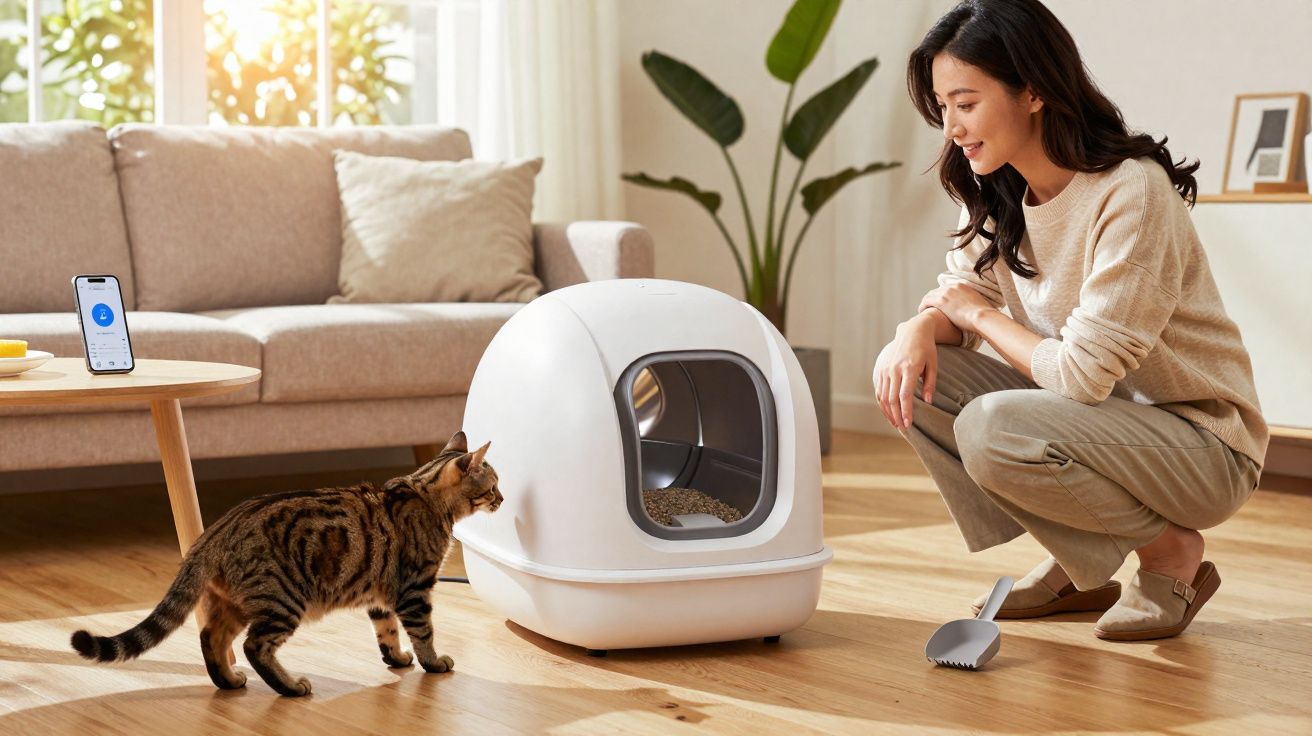 Mulher agachada observa gato entrando em caixa de areia automática em sala de estar iluminada.