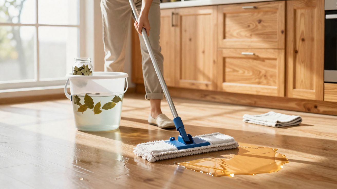 Pessoa limpando chão de madeira com esfregão úmido em cozinha iluminada por luz natural.