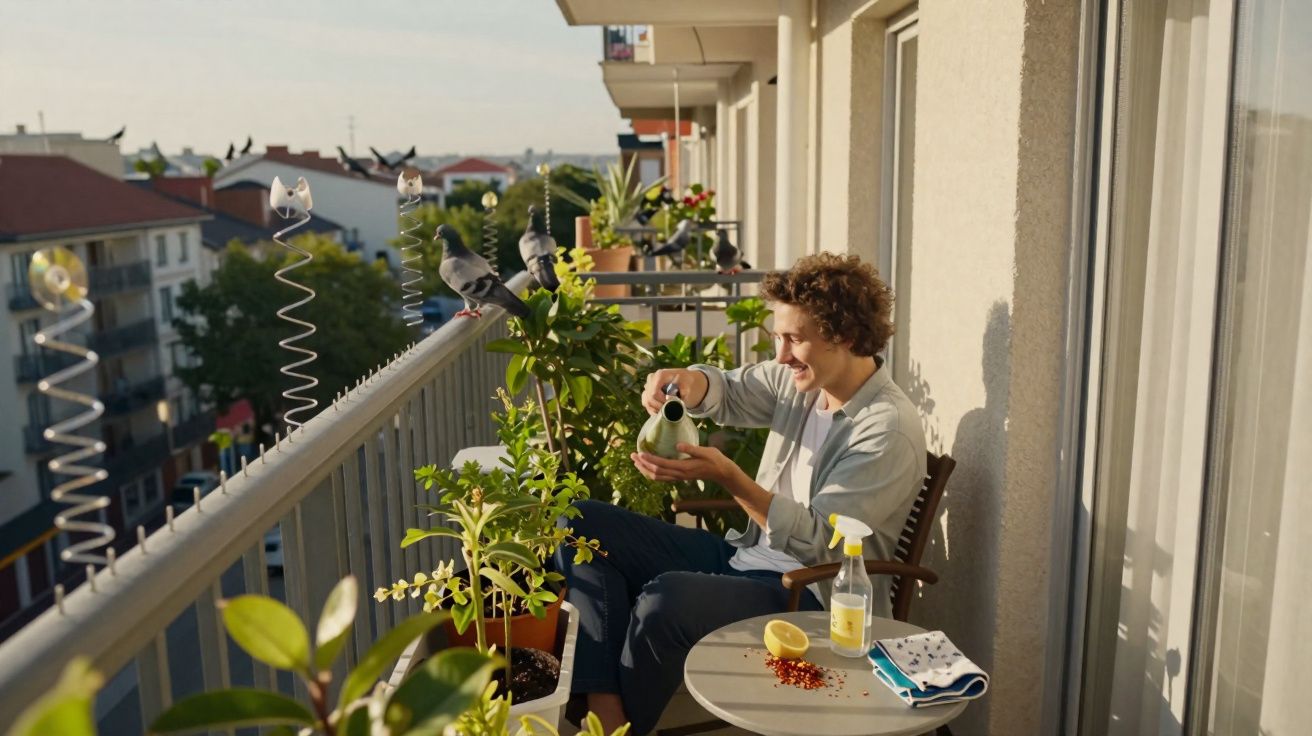Homem regando plantas no vaso em varanda ensolarada com pombos pousados no parapeito.