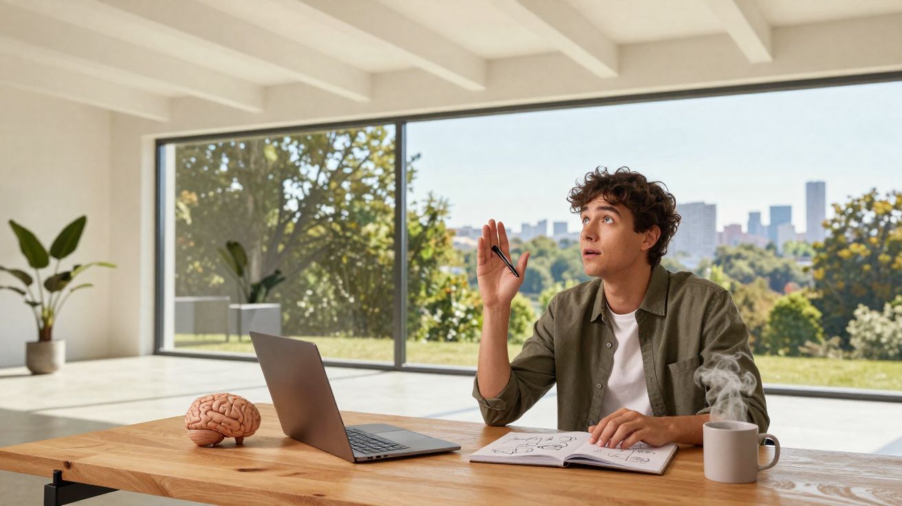 Jovem em mesa de madeira com laptop, caderno, caneta, xícara de café e cérebro de modelo ao lado.