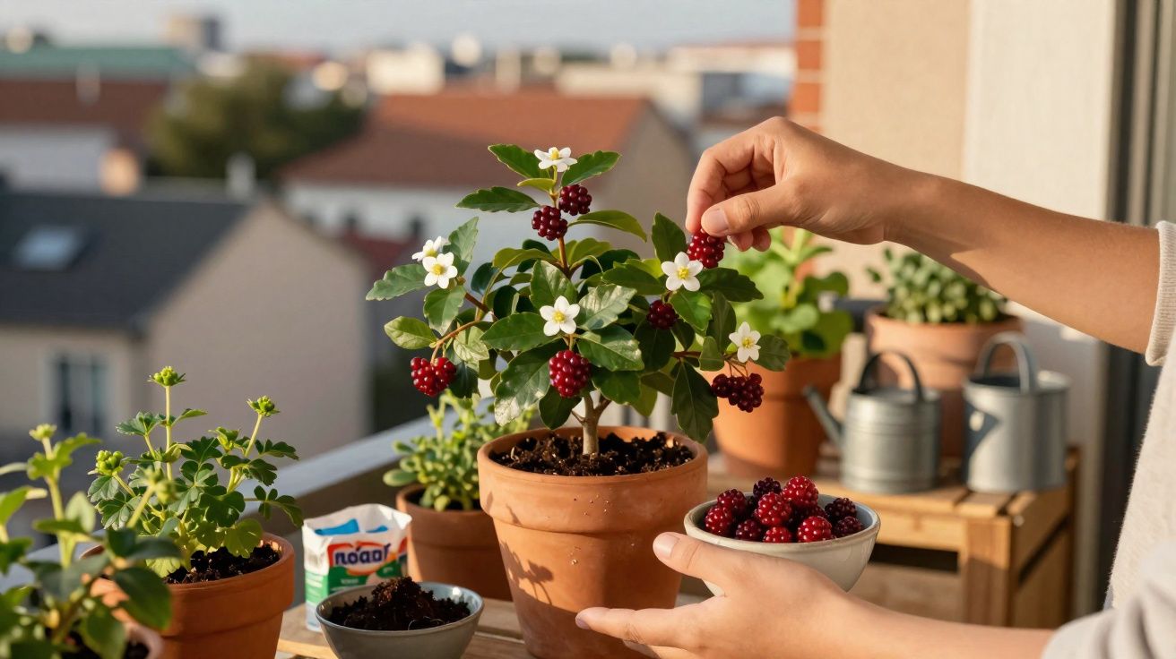 Pessoa colhendo frutas vermelhas de planta em vaso de cerâmica em varanda com outras plantas e regadores.