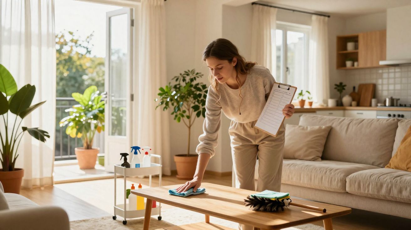 Mulher limpa mesa de madeira com pano e segura prancheta em sala iluminada com plantas e sofá bege.