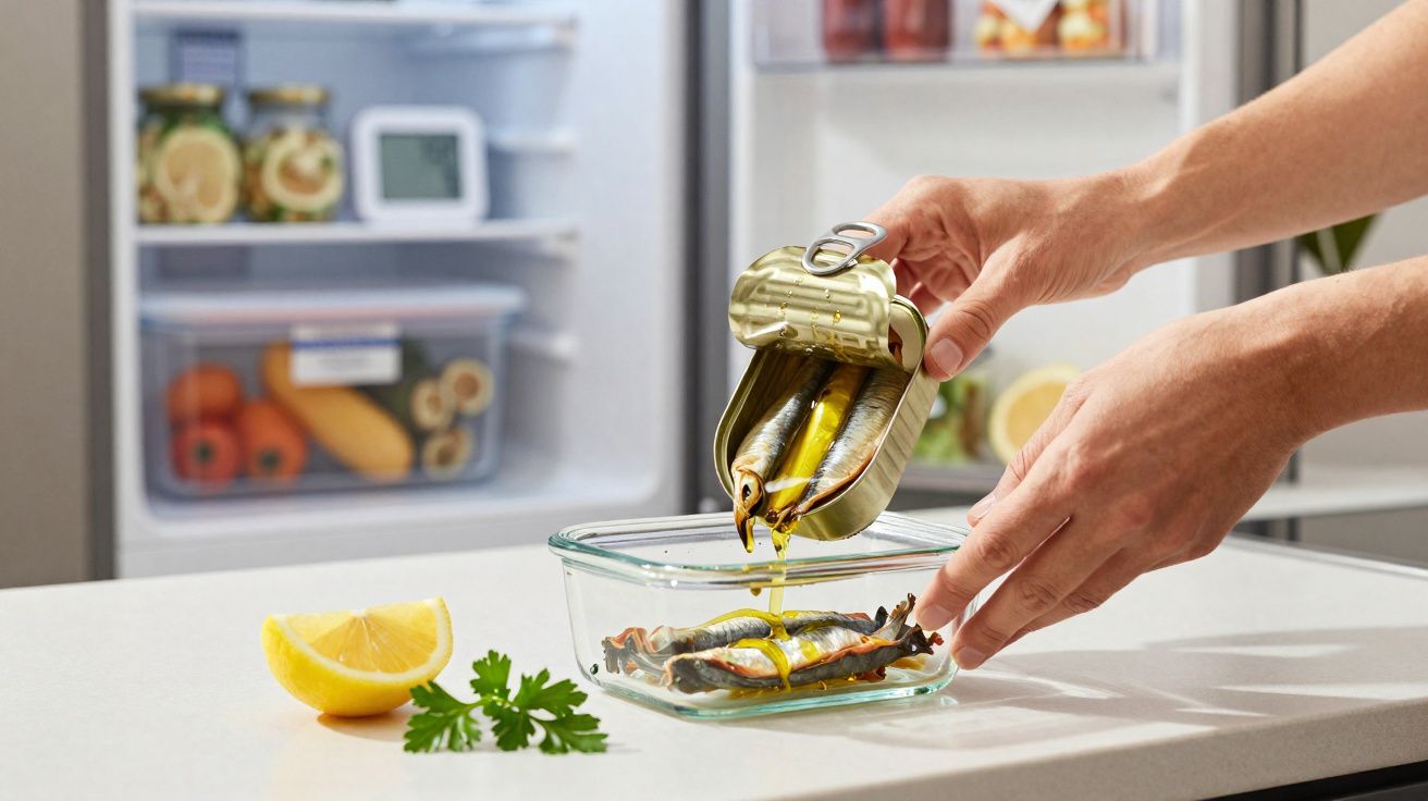 Mãos despejando sardinhas de lata em recipiente de vidro na bancada da cozinha com geladeira ao fundo.
