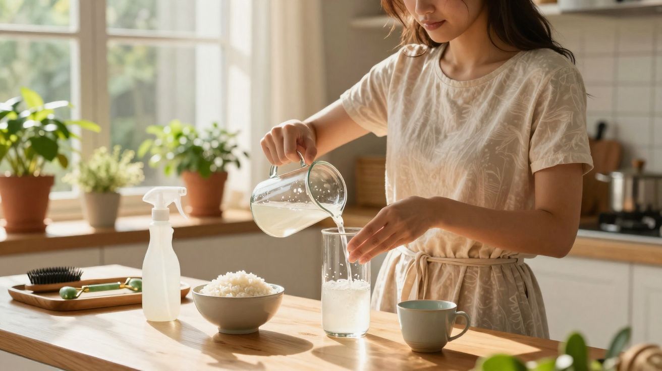 Mulher em cozinha iluminada por luz natural, despejando líquido branco em copo sobre bancada de madeira.
