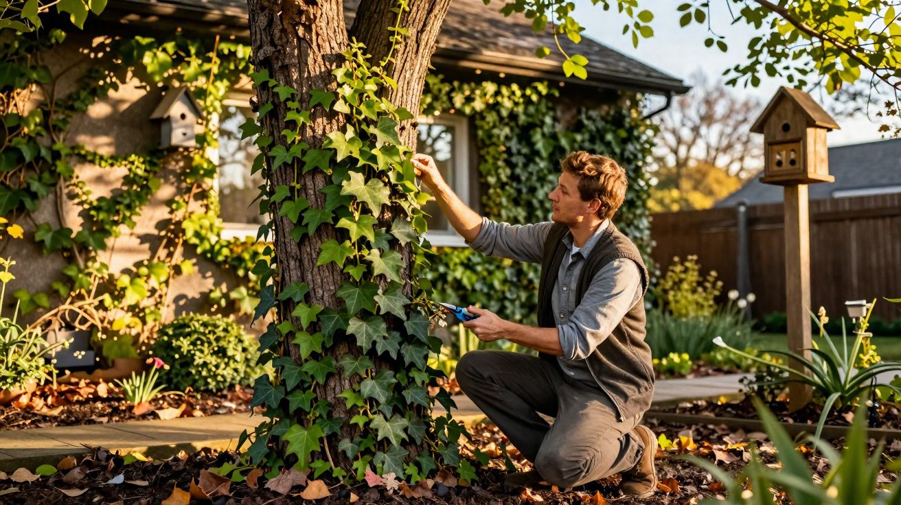 Homem agachado poda planta trepadeira em árvore no jardim de casa ao entardecer.