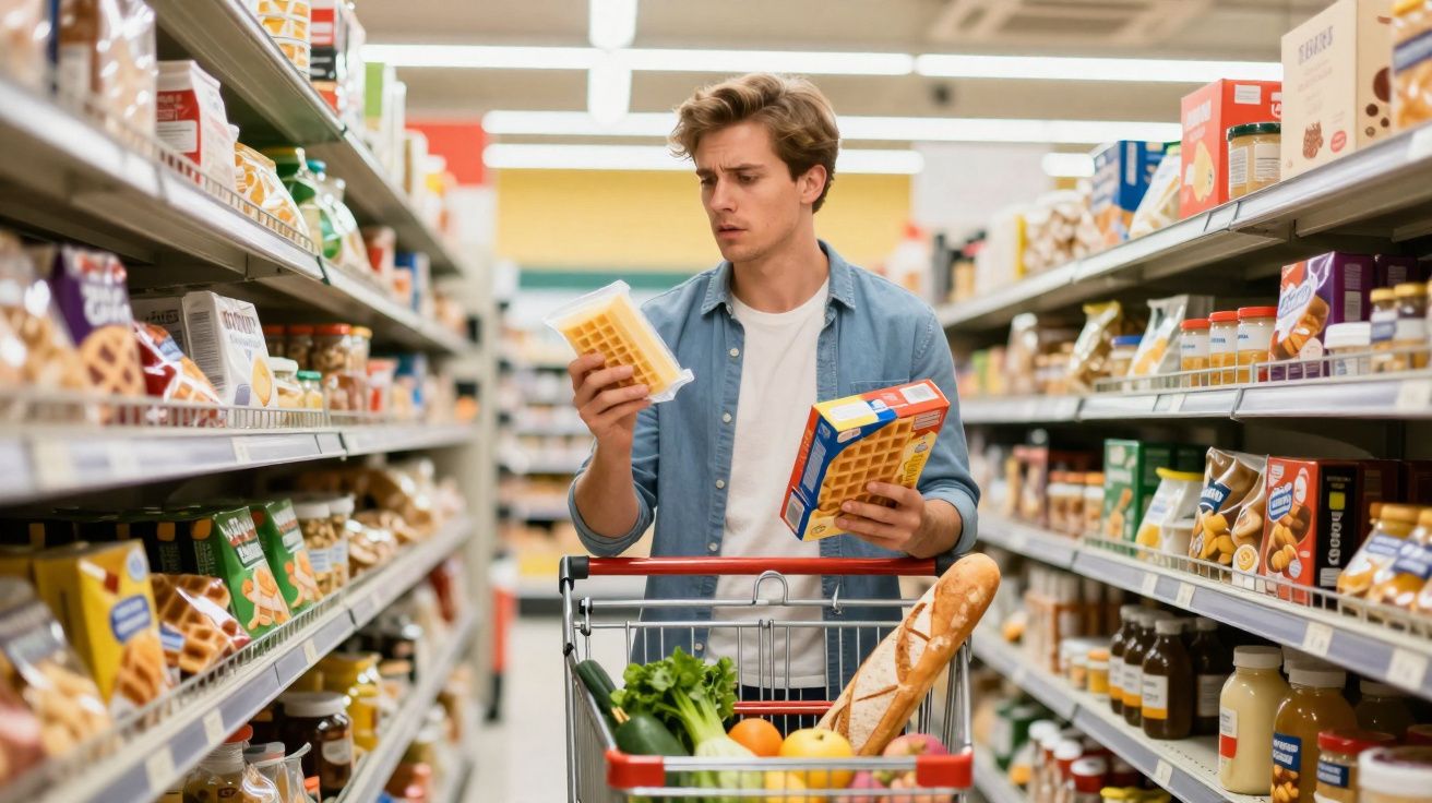 Homem jovem escolhe produtos em embalagem na seção de alimentos de supermercado com carrinho cheio.
