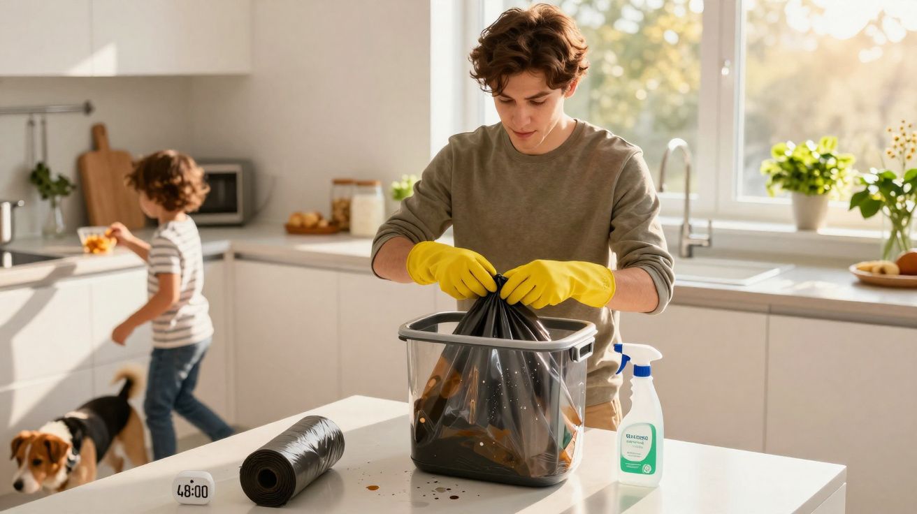 Jovem com luvas amarelas fechando saco de lixo na cozinha enquanto criança e cachorro estão ao fundo.
