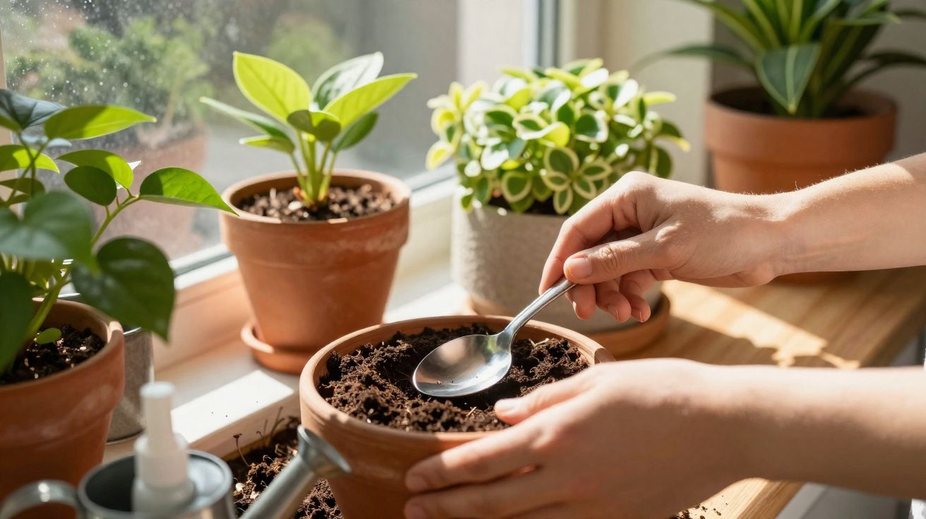 Mãos plantando sementes em vaso de barro com terra ao lado de outras plantas em janela iluminada pelo sol.