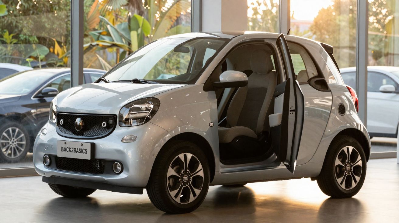 Carro compacto prata com porta dianteira aberta em showroom com iluminação natural.