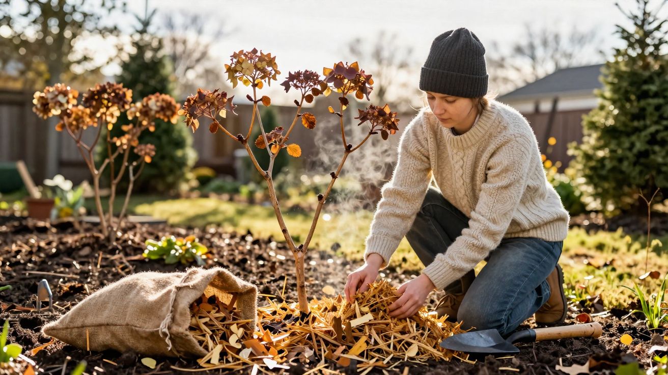 Pessoa com gorro e suéter bege colocando cobertura morta em planta jovem em jardim ensolarado.