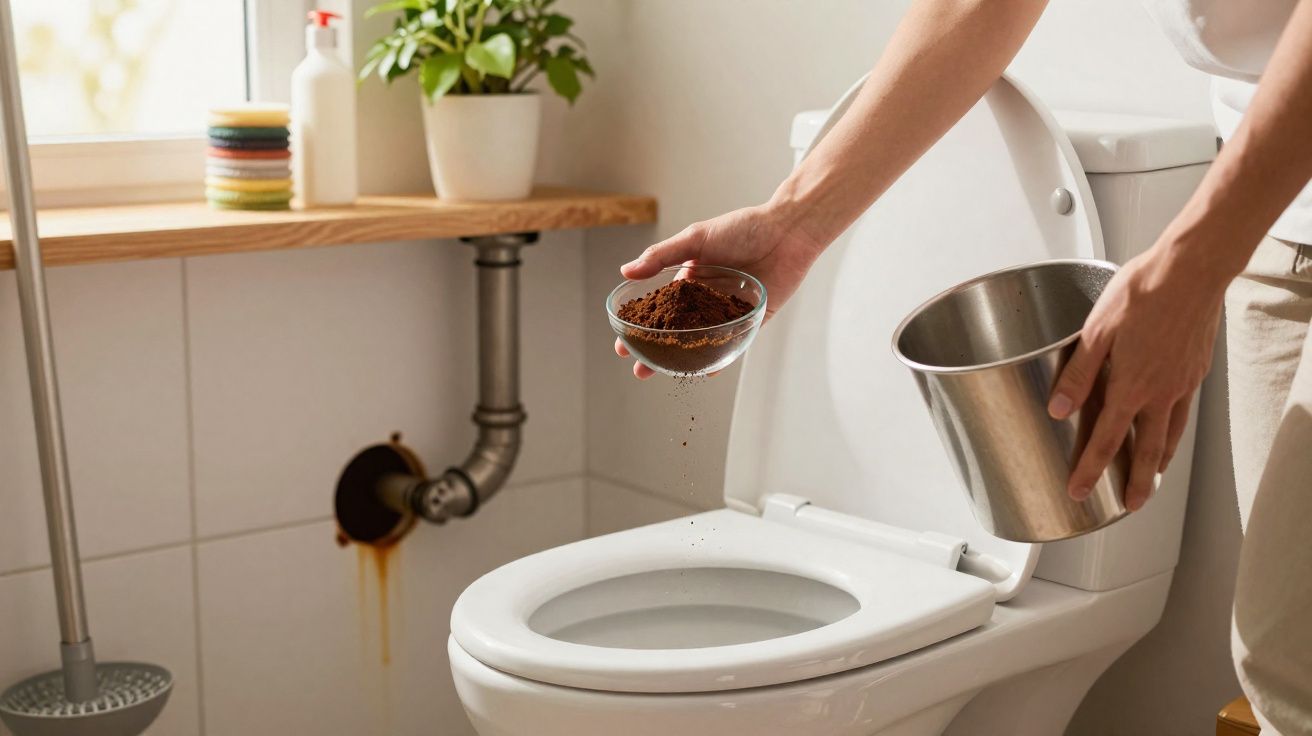 Pessoa despejando pó de café no vaso sanitário para limpeza em banheiro com planta e acessórios.