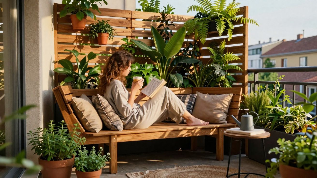 Mulher sentada lendo livro e bebendo café em varanda com bancos de madeira e muitas plantas verdes.