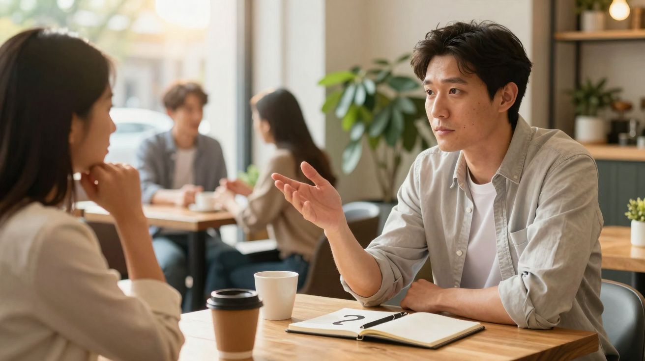 Duas pessoas conversando em cafeteria, com caderno aberto e xícaras de café na mesa.