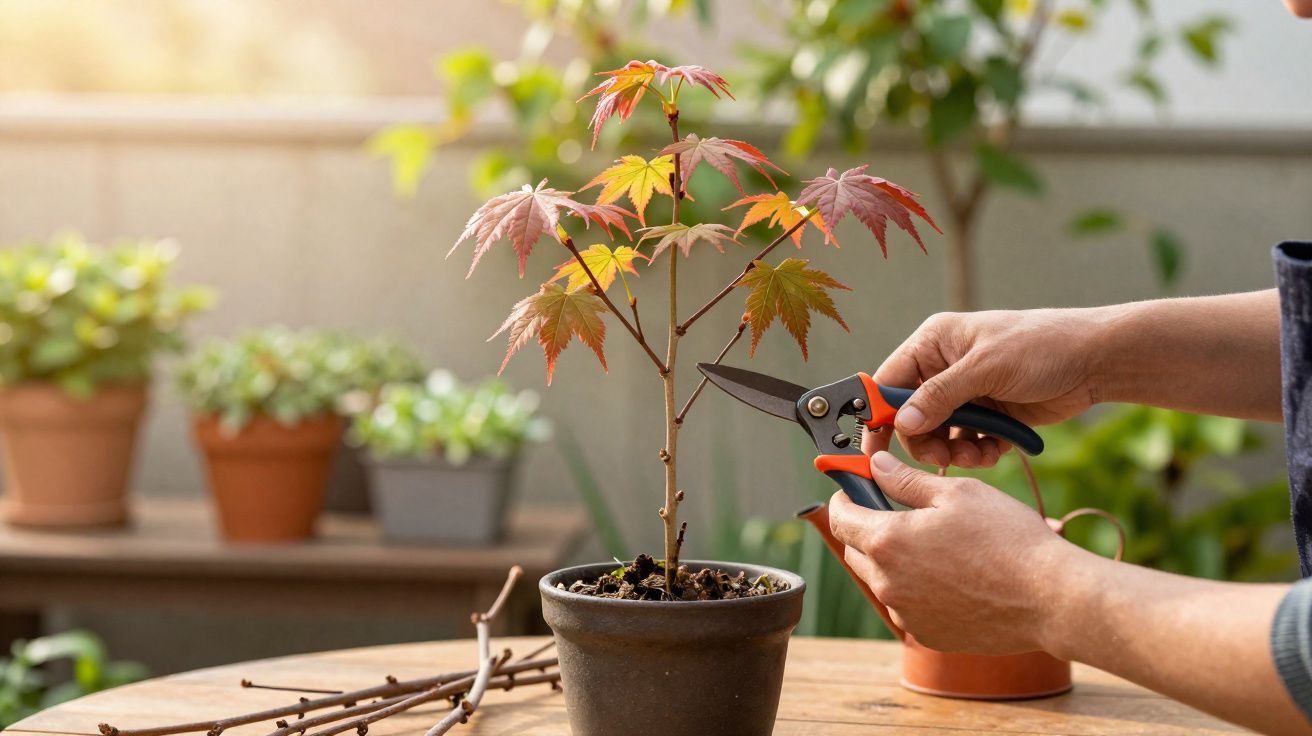 Pessoa podando um pequeno arbusto em vaso com tesoura de jardinagem ao ar livre.