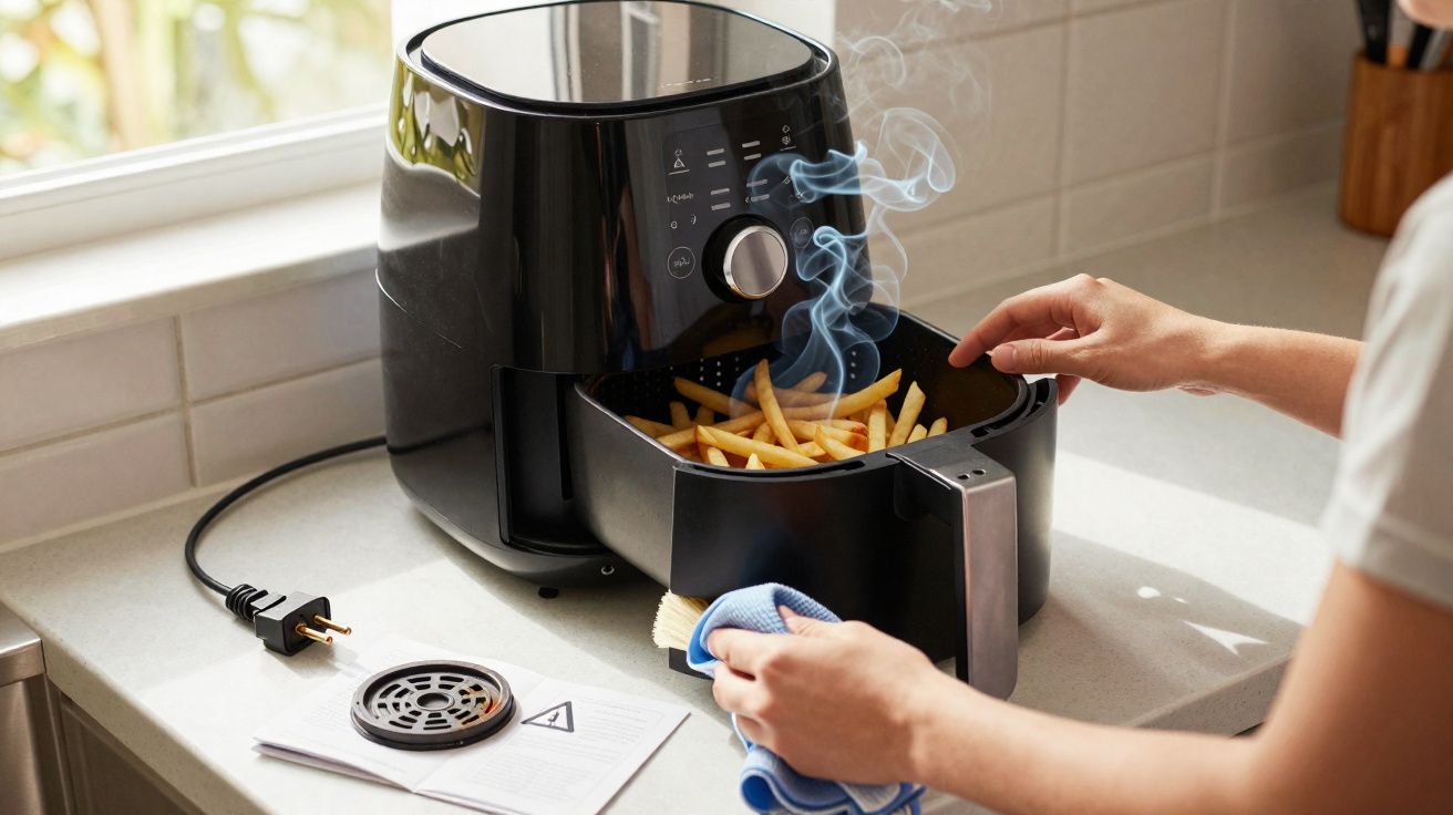 Mãos retirando batatas fritas quentes e fumegantes de uma fritadeira elétrica preta na bancada da cozinha.